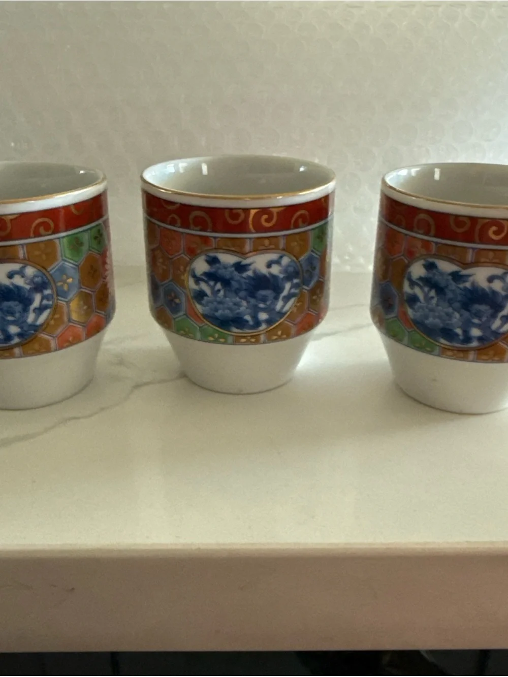 Multicolor Porcelain Tea or Saki Cups with Dragon Motif - Set of 3